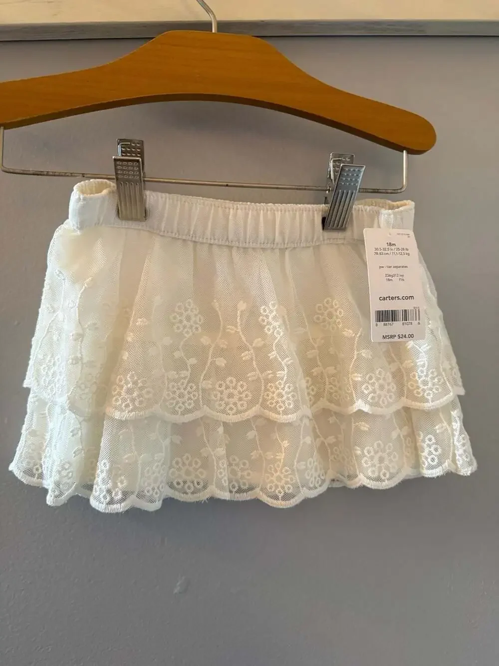 Carter's Baby Girls Double Layer Tiered Floral Lace Skirt in Ivory, 18 Months